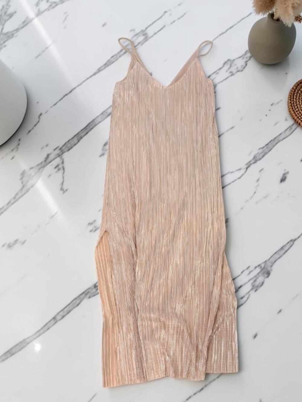 Zara Champagne Shimmer Slip On Midi Dress Size Medium Side Slits - Picture 6 of 10